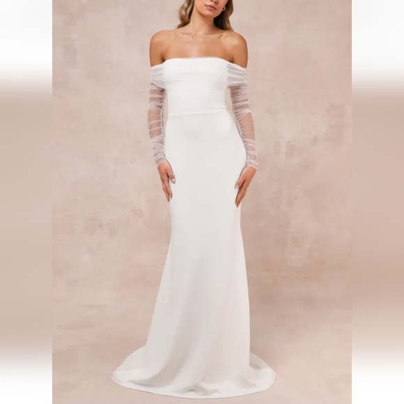 Lulus NWT Beautifully Beloved White Mesh Off-the-Shoulder Maxi Dress Size S - Picture 12 of 12